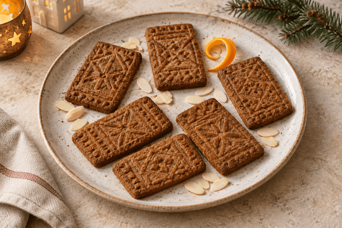 Seks hollandske speculaas-julesmåkager med mandel og én appelsinskalspiral på én tallerken