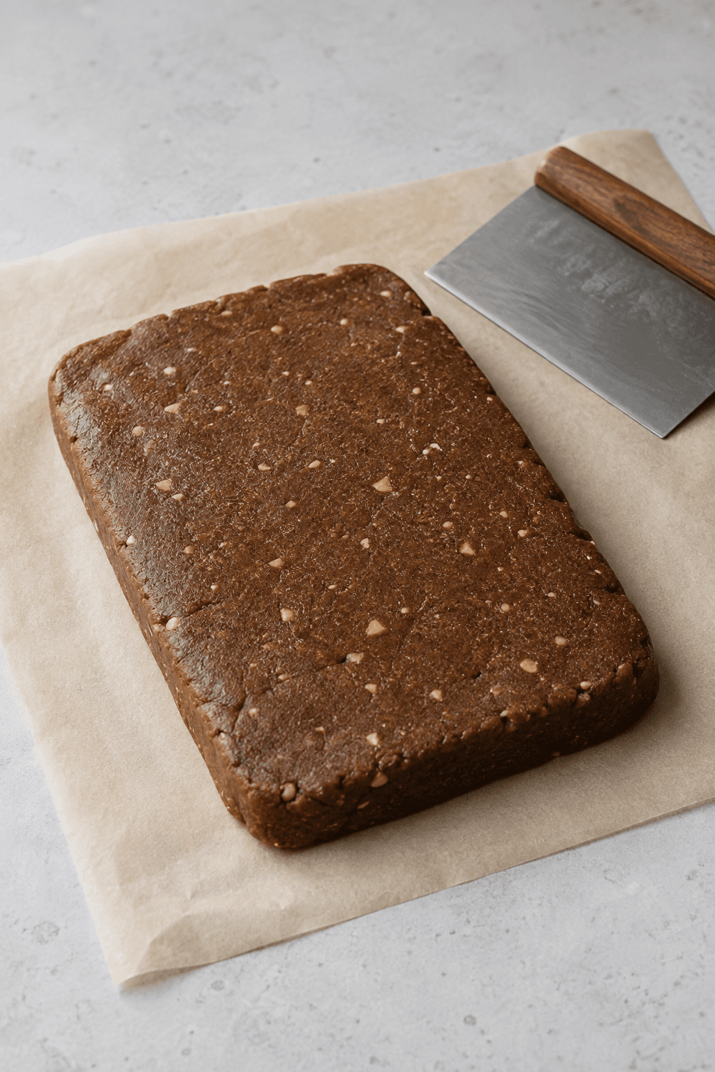 Én rektangulær plade mørk speculaasdej på ét bagepapir med én dejskraber
