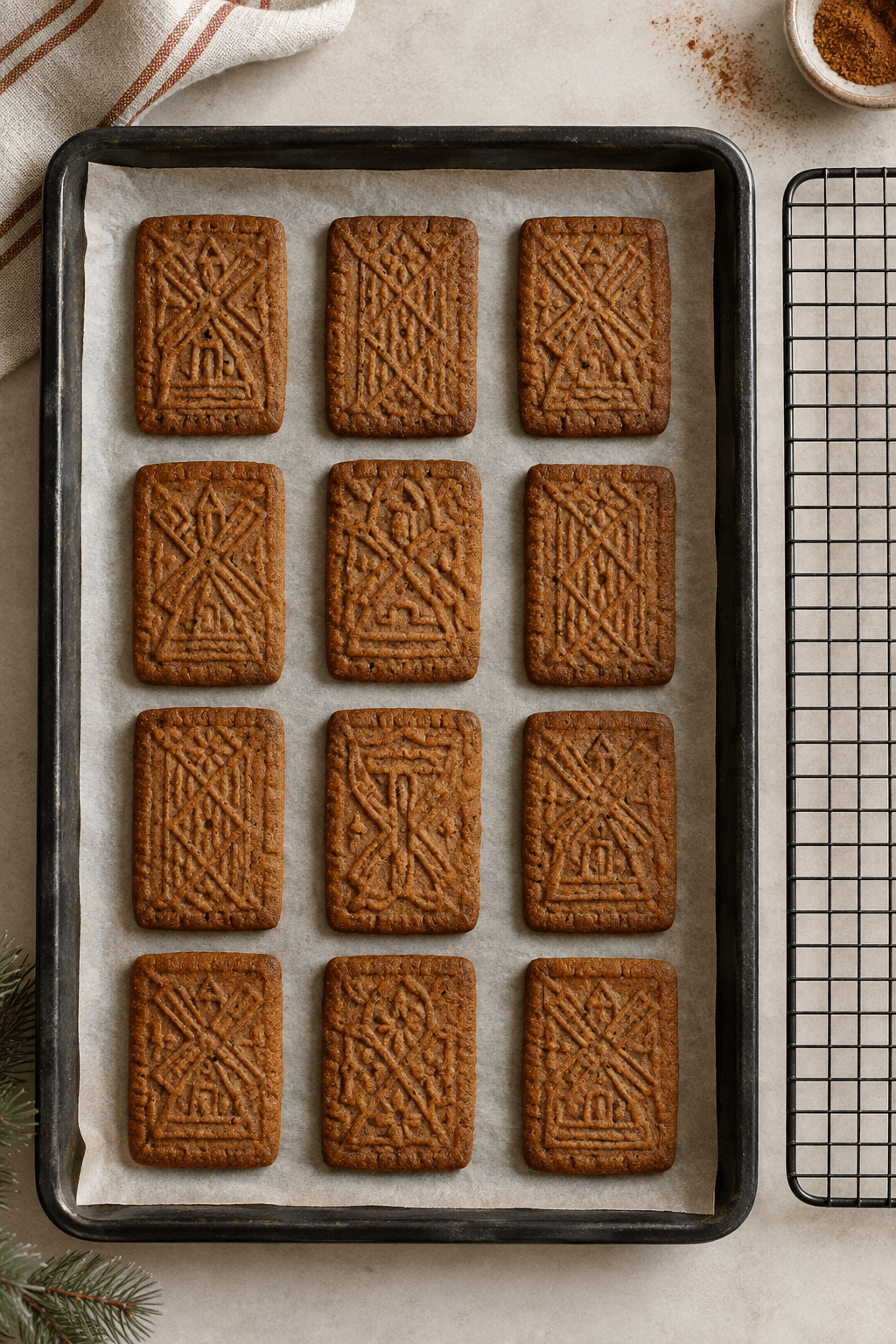 Tolv bagte speculaas i tre gange fire på én bageplade ved én rist