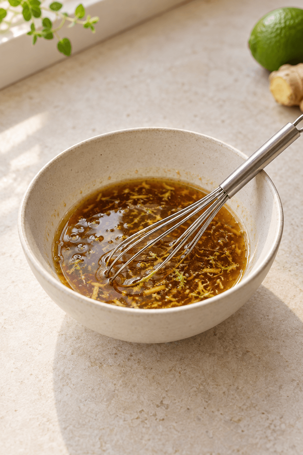 Blank honning-limemarinade med ingefær piskes i én lille skål