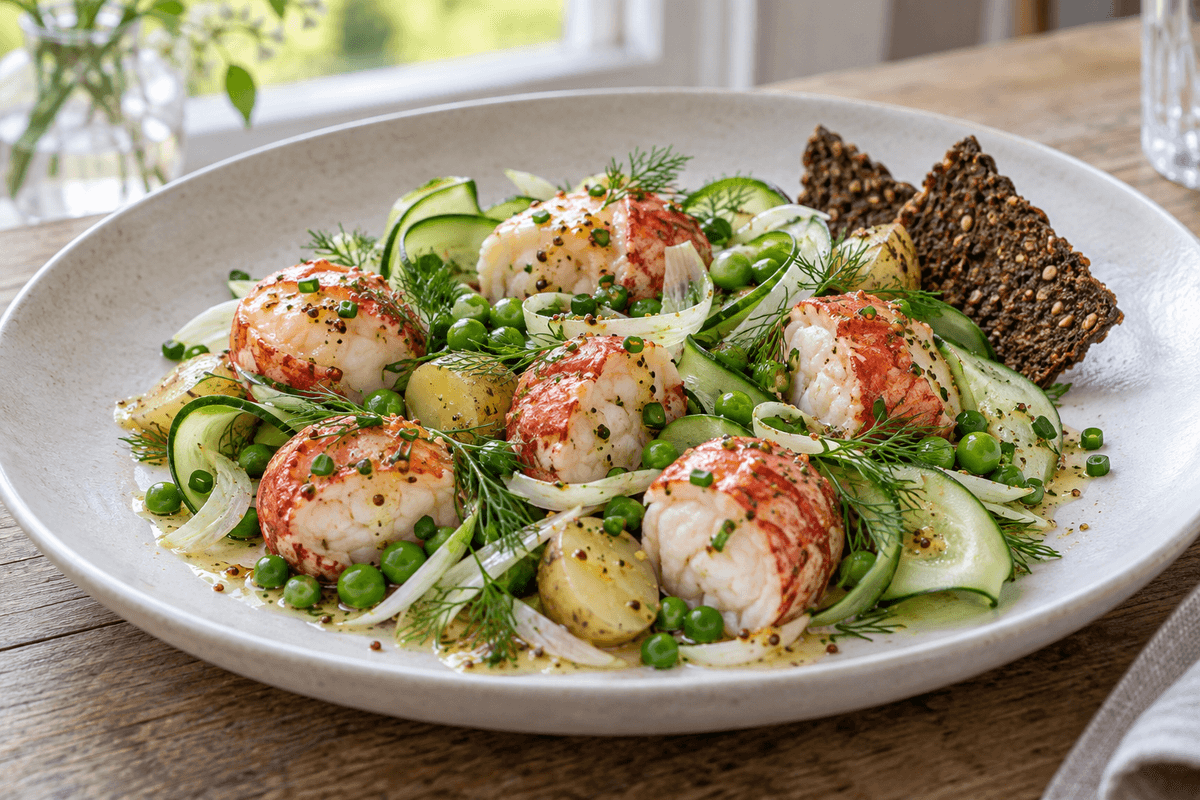 Hummersalat med seks hummermedallioner, nye kartofler, fennikel, agurk, ærter og citronvinaigrette