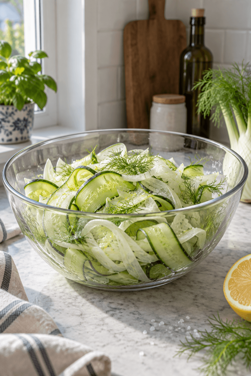 Papirtynd fennikel og lange agurkebånd vendes med citron og salt i én glasskål