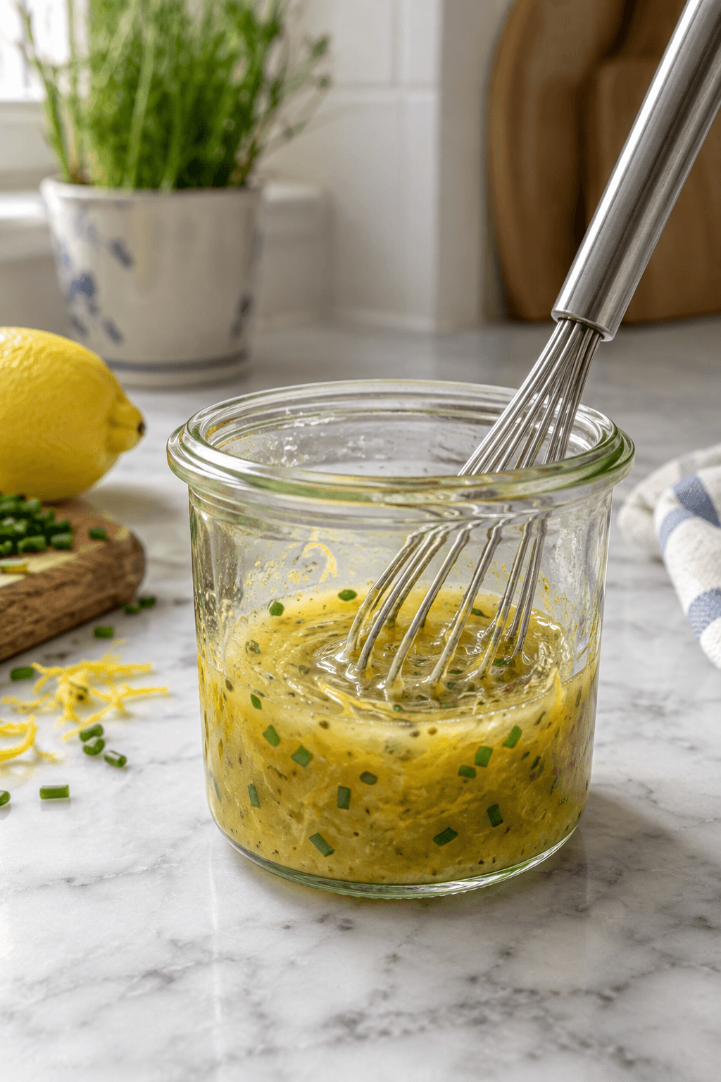 Citron-sennepsvinaigrette med purløg piskes blank i ét lille glas