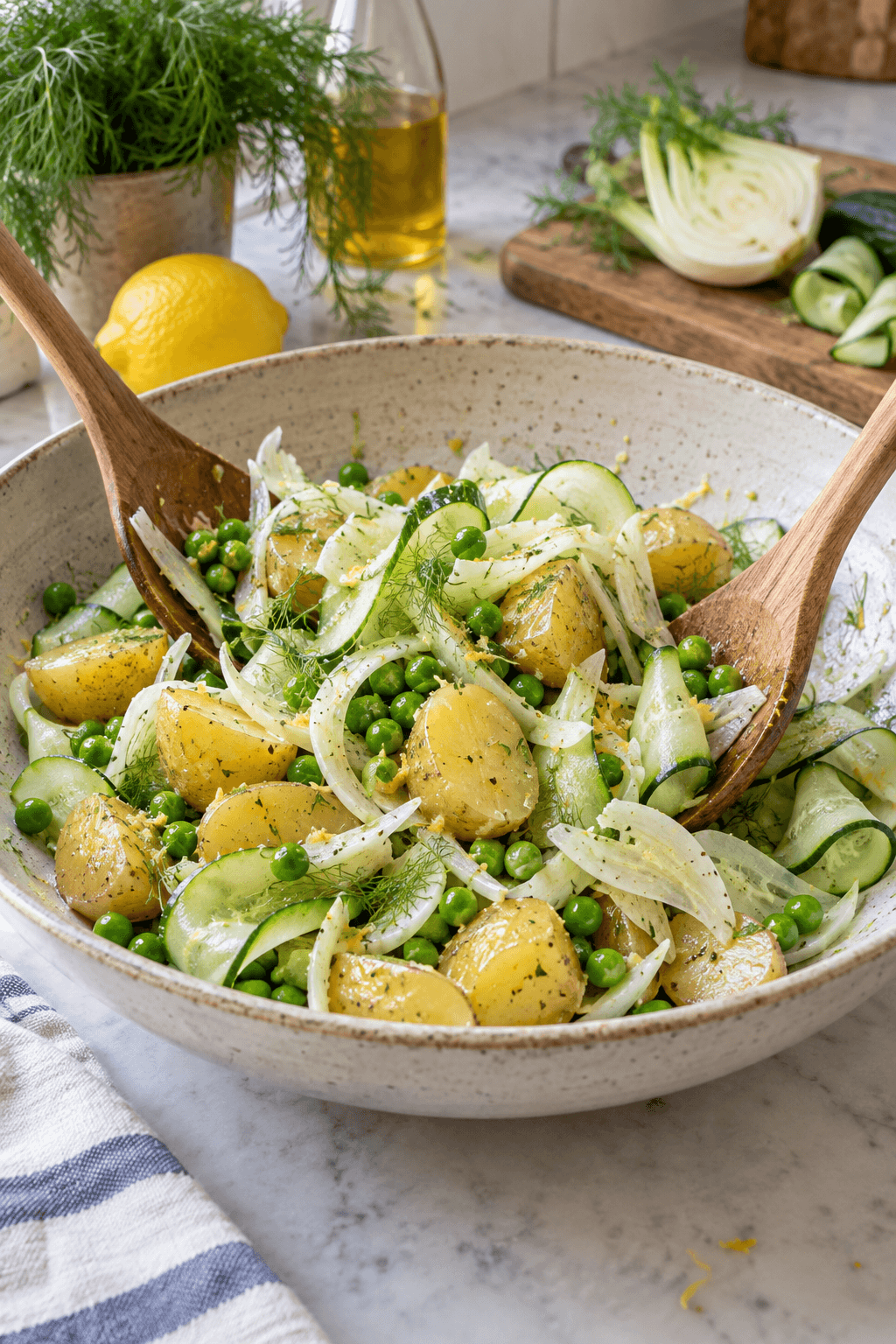 Lune kartofler, ærter, fennikel og agurk vendes med citronvinaigrette i én stor skål