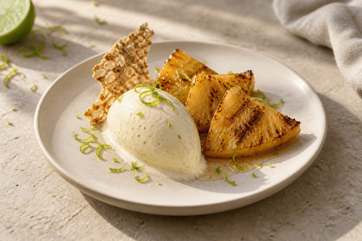 Hvid chokoladeis med pandegrillet ananas, lime og kokos-havreknas