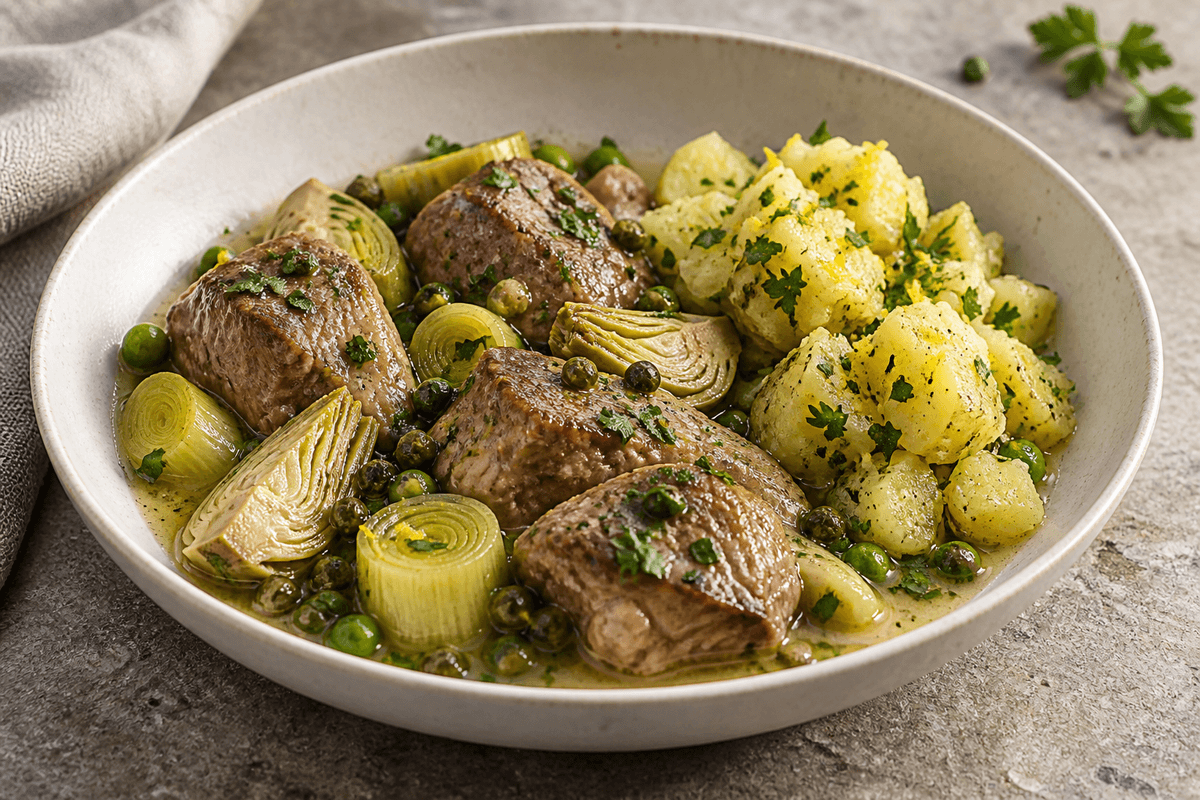 Hvidvinsbraiseret kalvebov med artiskok, porre, ærter og citronkartofler