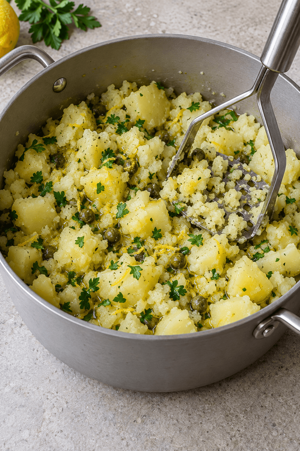 Groft knuste kartofler vendes med citron, persille, kapers og olivenolie