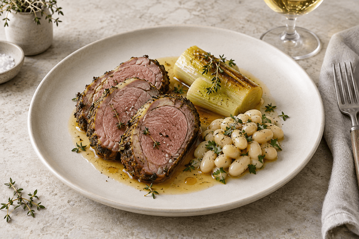 Hvidvinsstegt lammekølle med timian, porrer, hvide bønner og citronjus