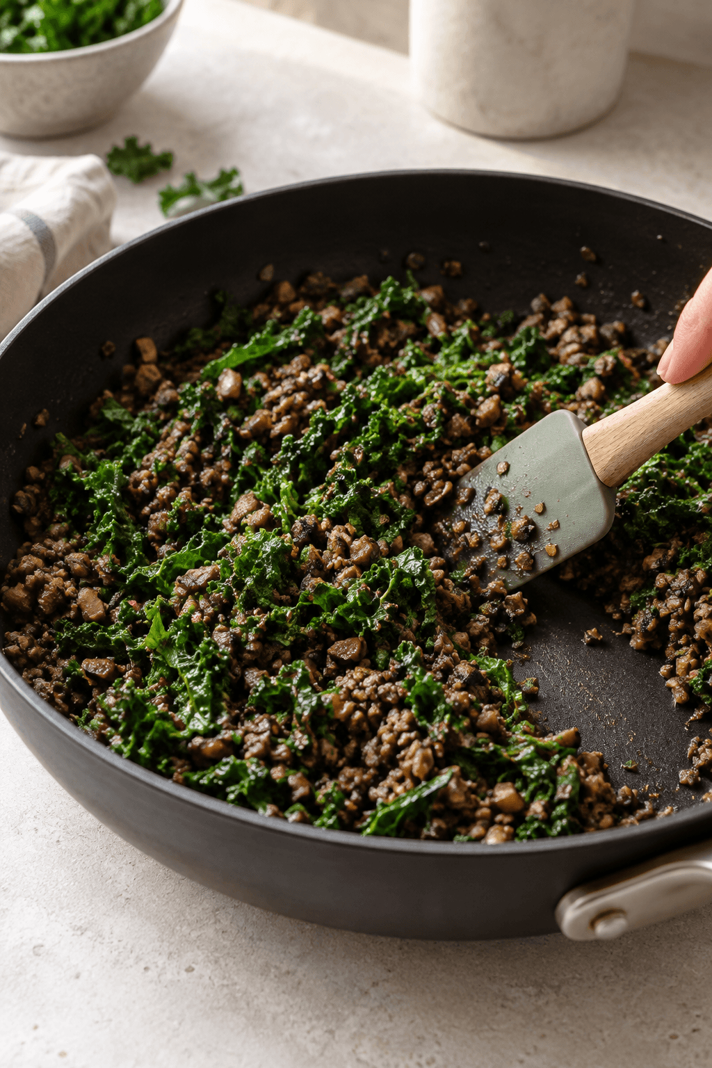 Finthakket champignon og grønkål steges til et helt tørt fyld