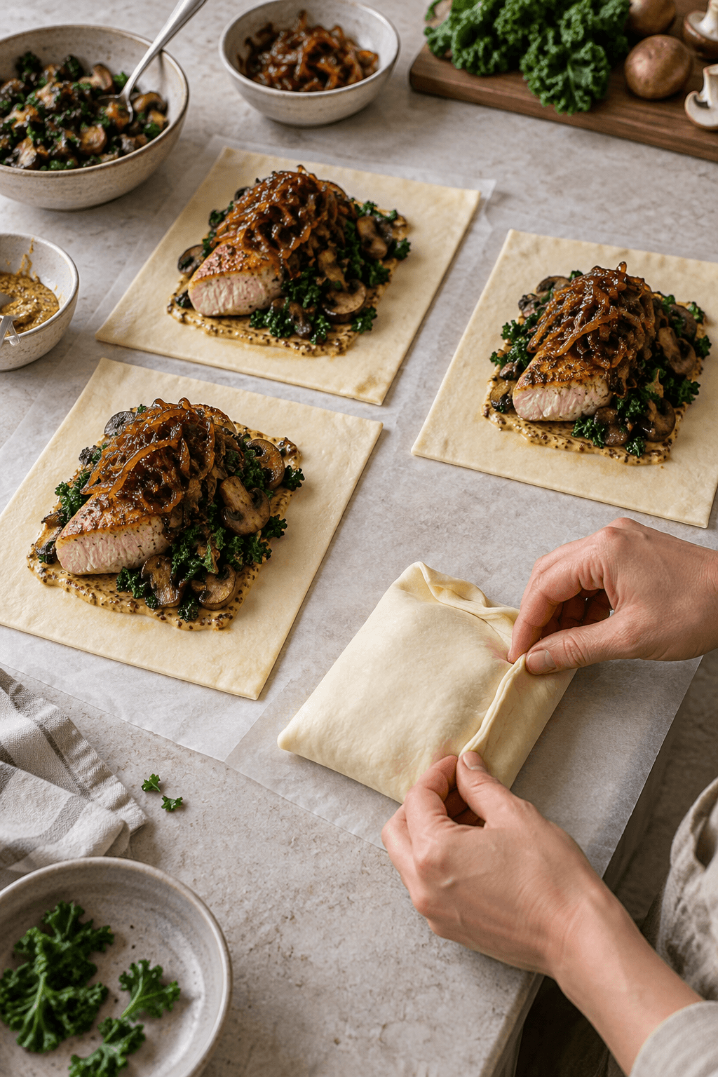 Kalkun, champignon-grønkålsfyld og karamelliserede løg pakkes i butterdej