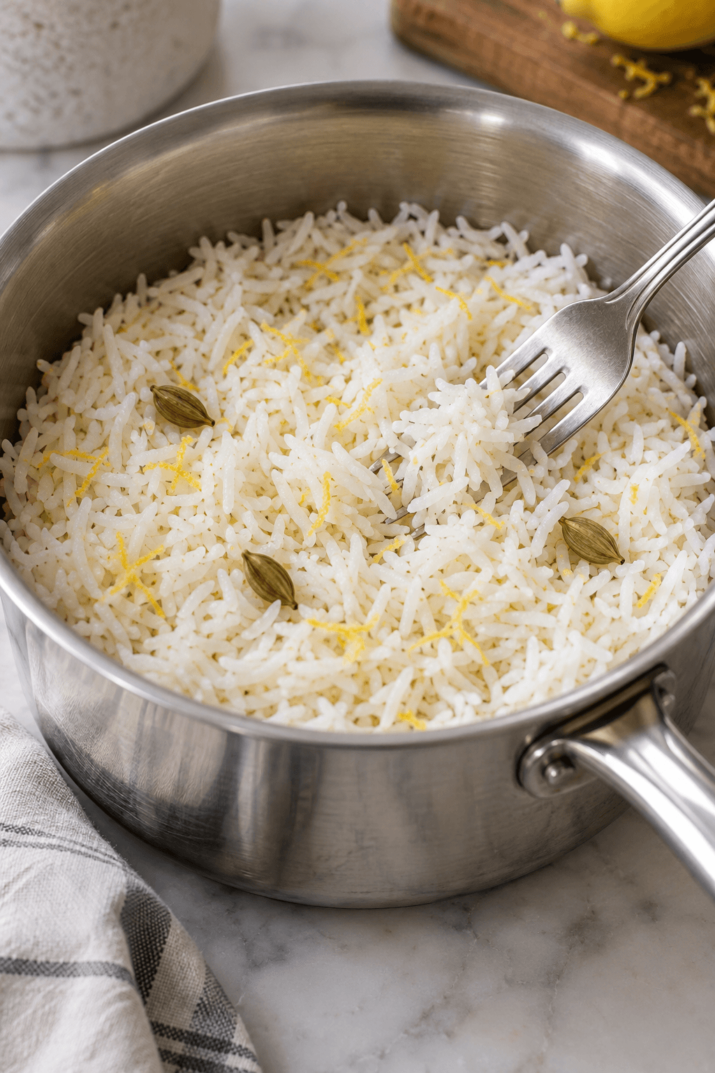 Luftige basmatiris med citronskal og tre kardemommekapsler løsnes med en gaffel