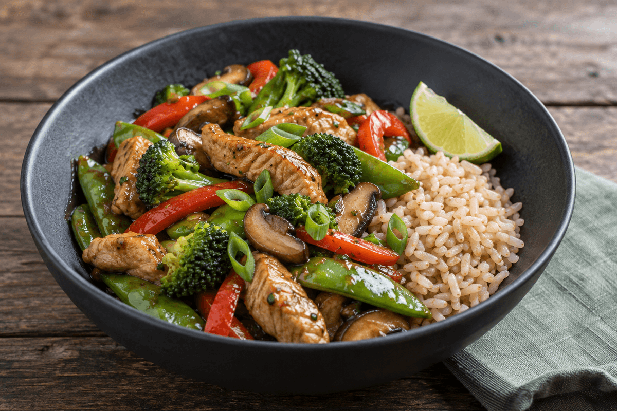 Ingefær-lime-kalkunwok med broccoli, sukkerærter, shiitake og brune ris