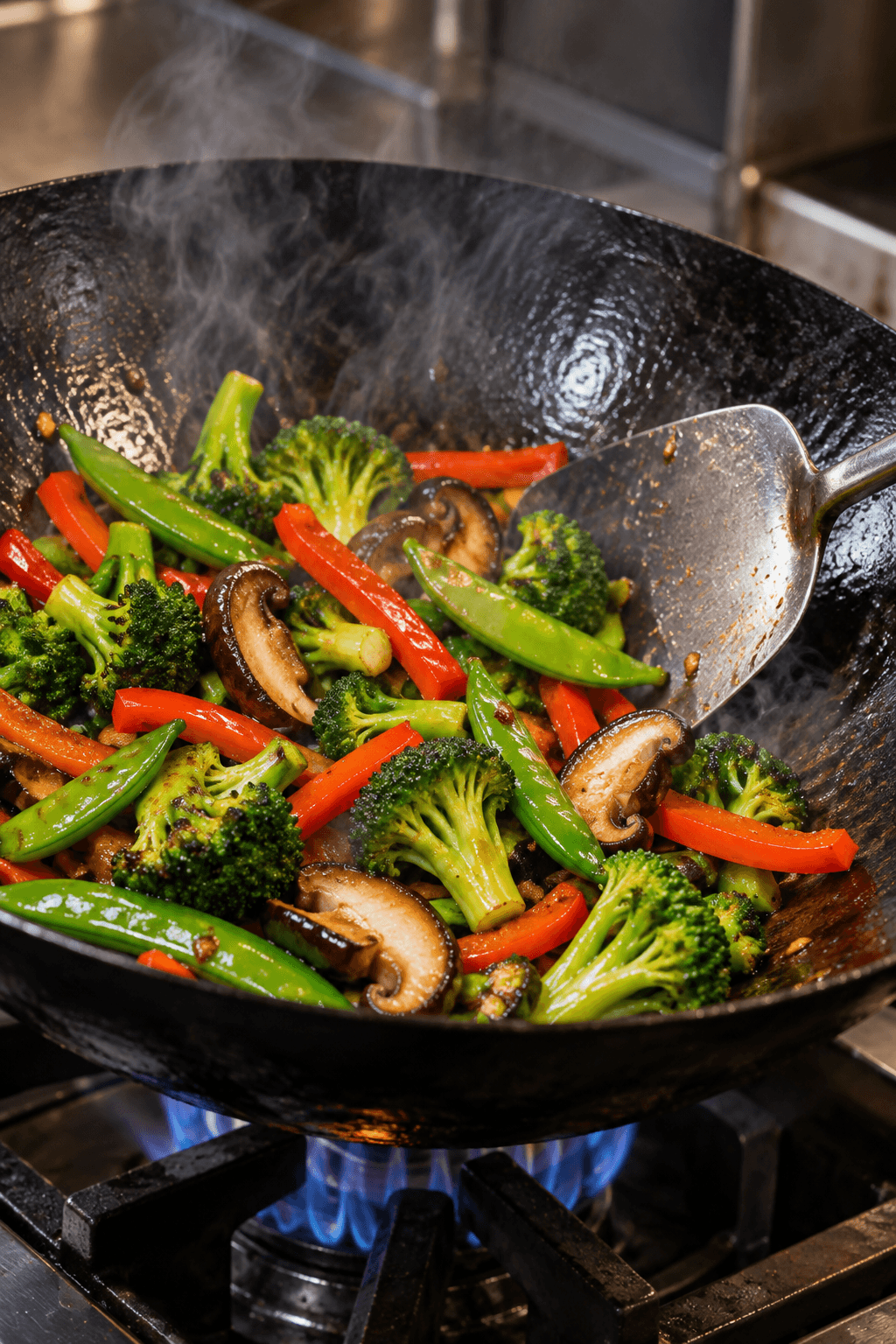 Broccoli, sukkerærter, shiitake og rød peberfrugt hurtigsteges i én wok