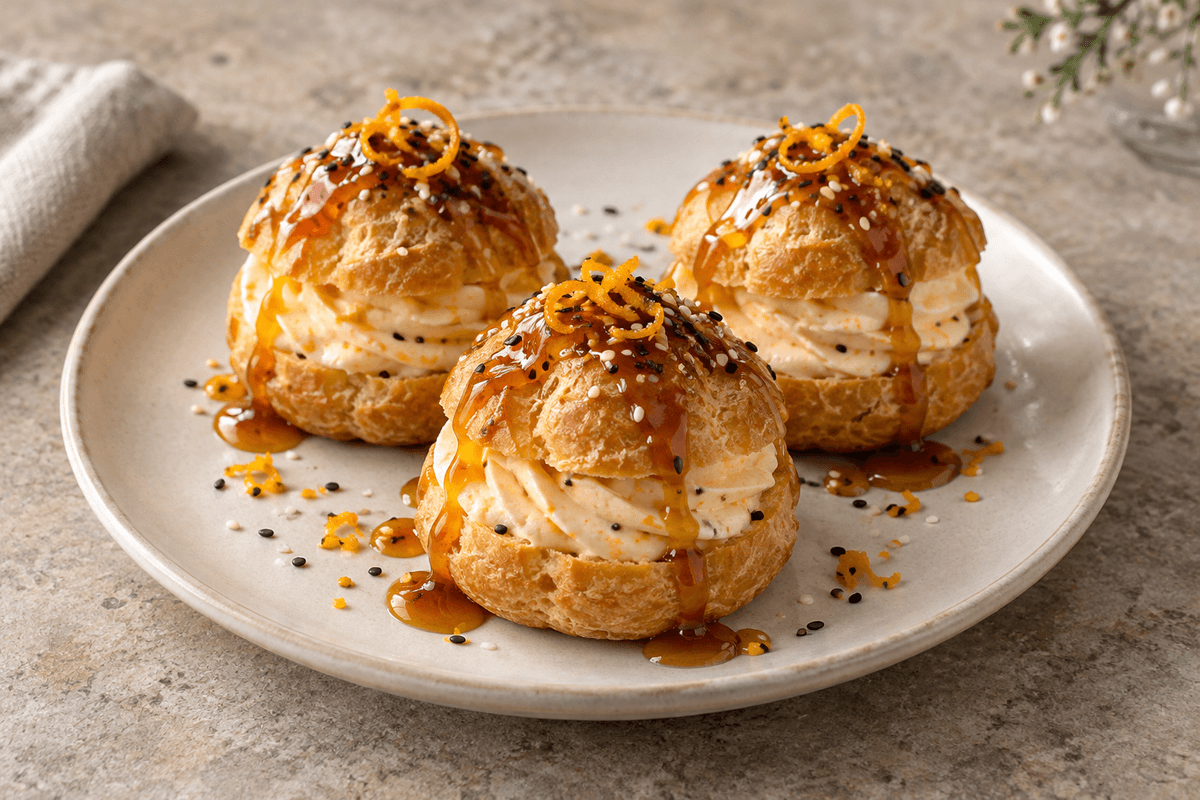 Tre ingefærprofiteroller med appelsin-limecreme, citruskaramel og sesam