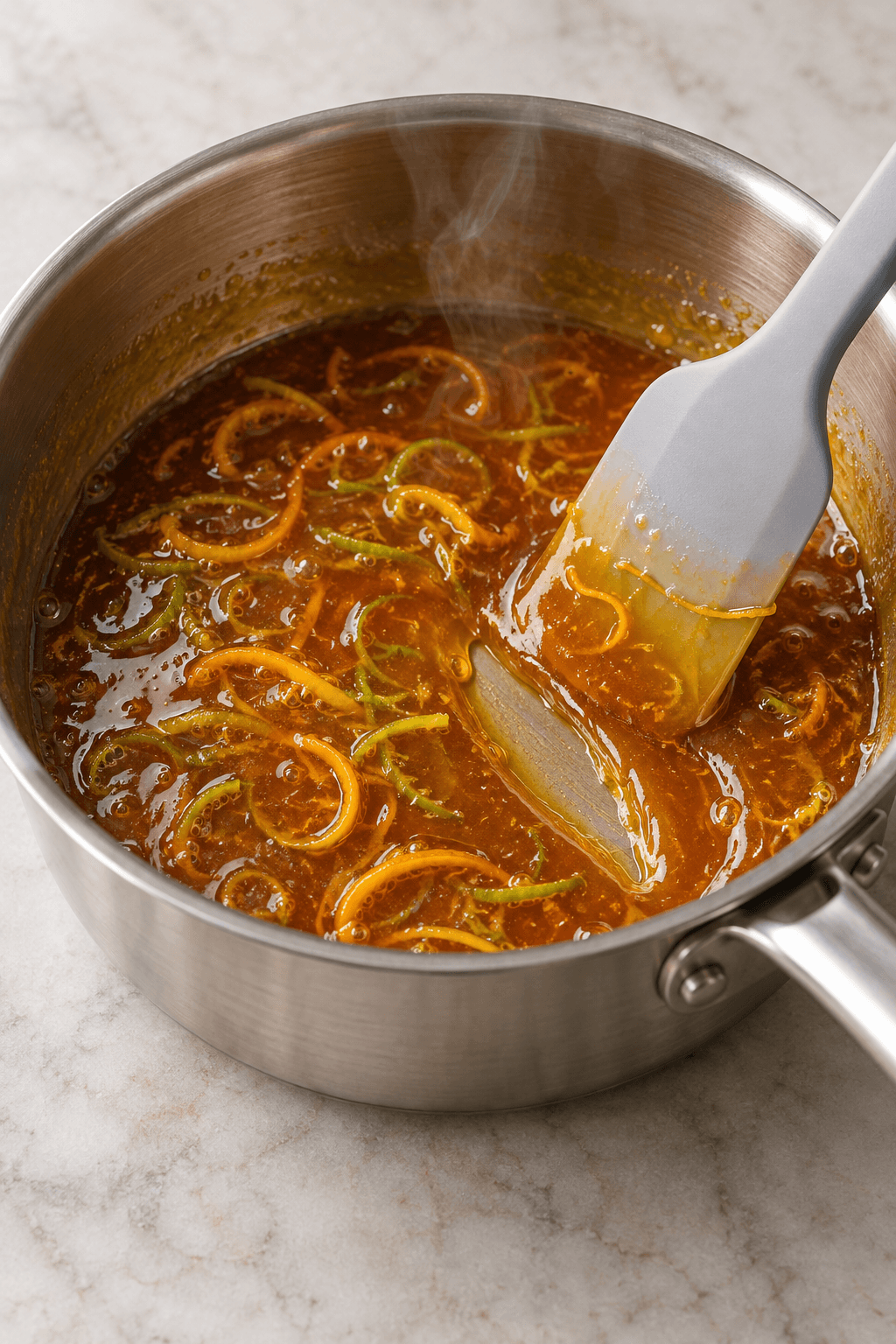 Blank appelsin-limekaramel med citrusskal koges i én gryde