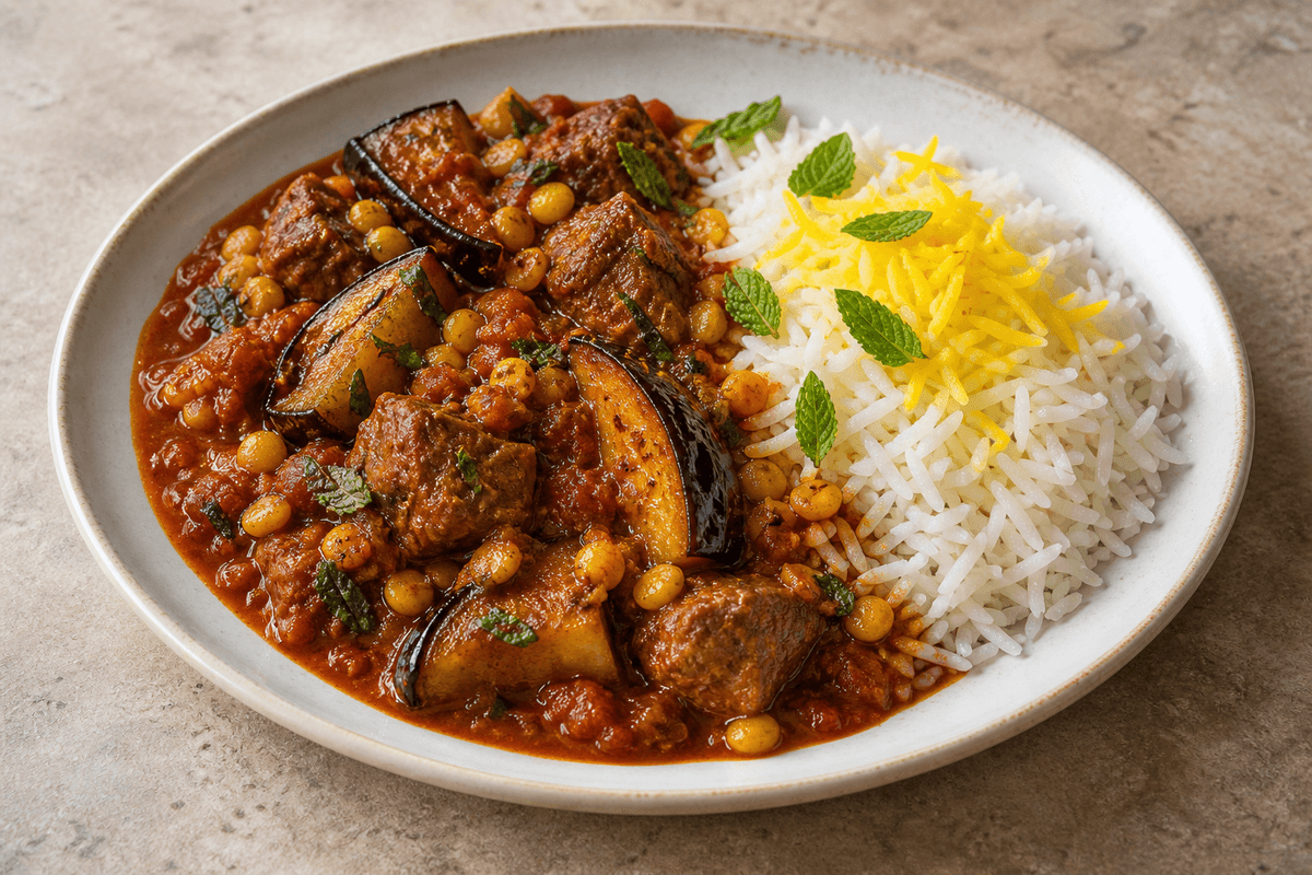 En portion iransk-inspireret lammegryde med aubergine, safran og ris