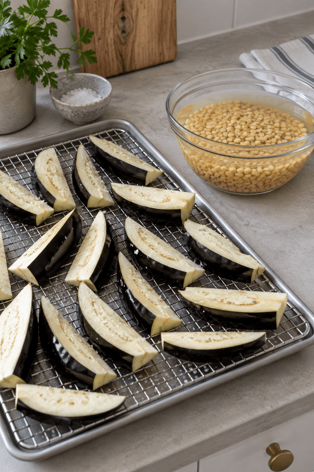 Saltede auberginebåde trækker væske, mens gule flækærter udblødes
