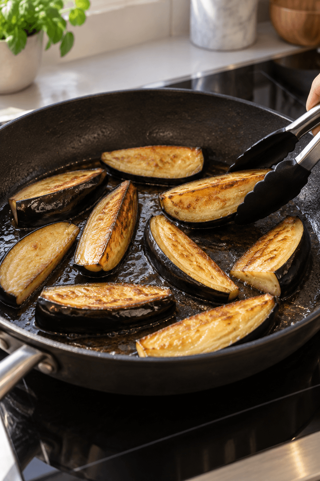 Auberginebåde steges gyldne og møre i et enkelt lag