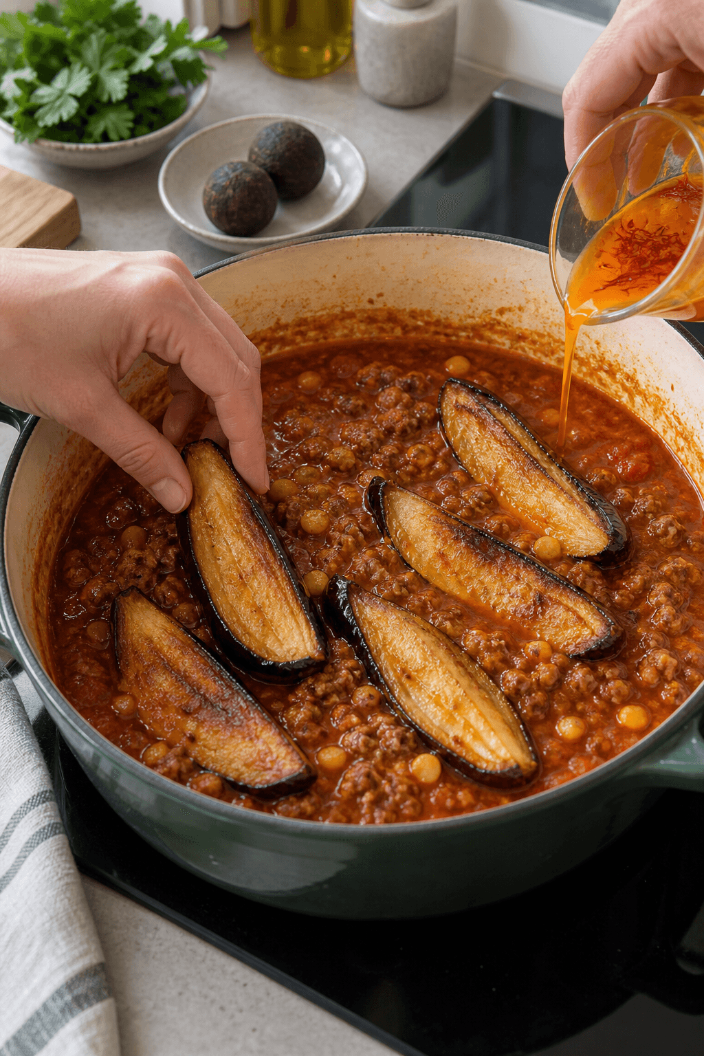 Gyldne auberginebåde og safranvand færdiggør lammegryden