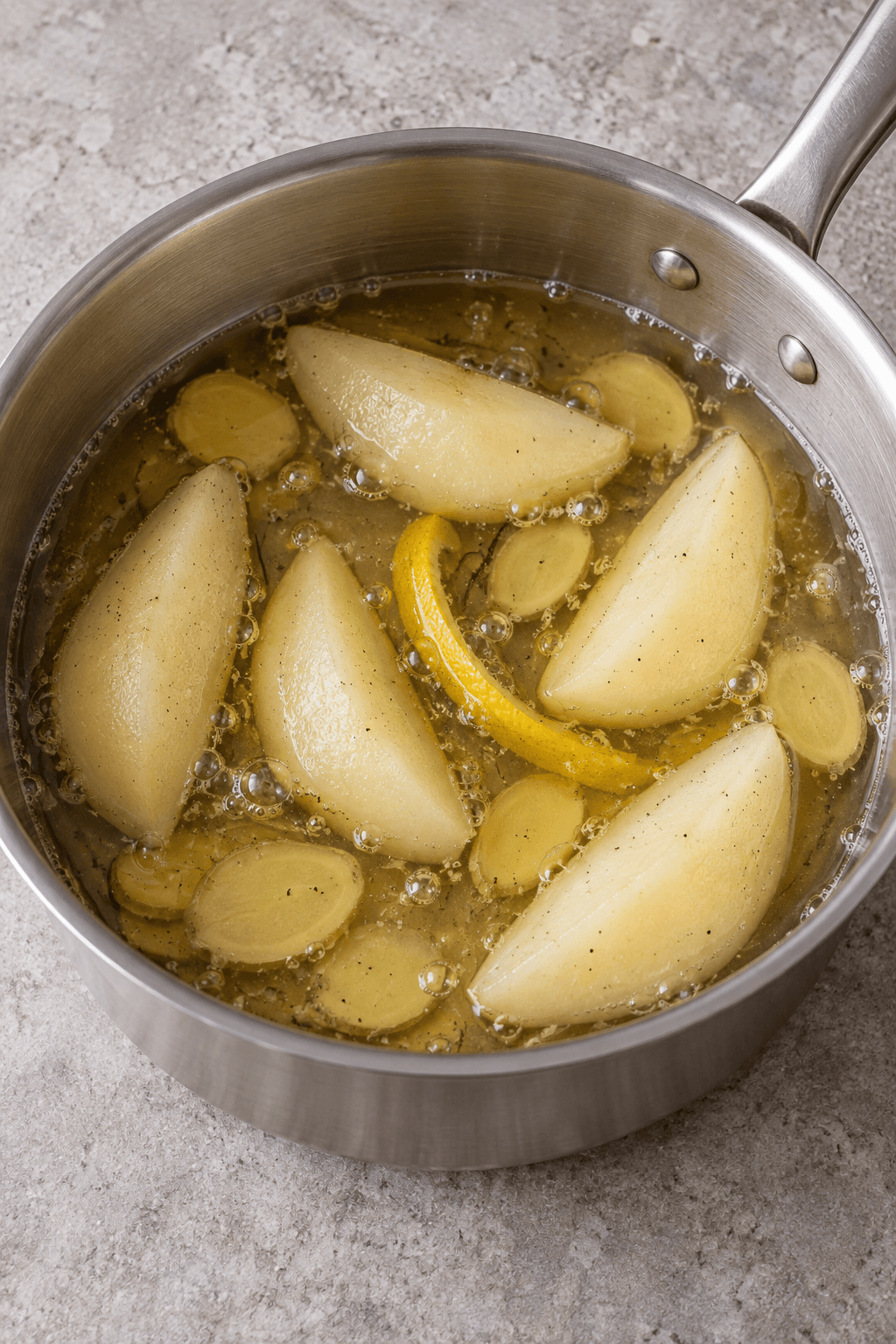 Pærebåde pocheres forsigtigt med ingefær og citronskal i klar sirup