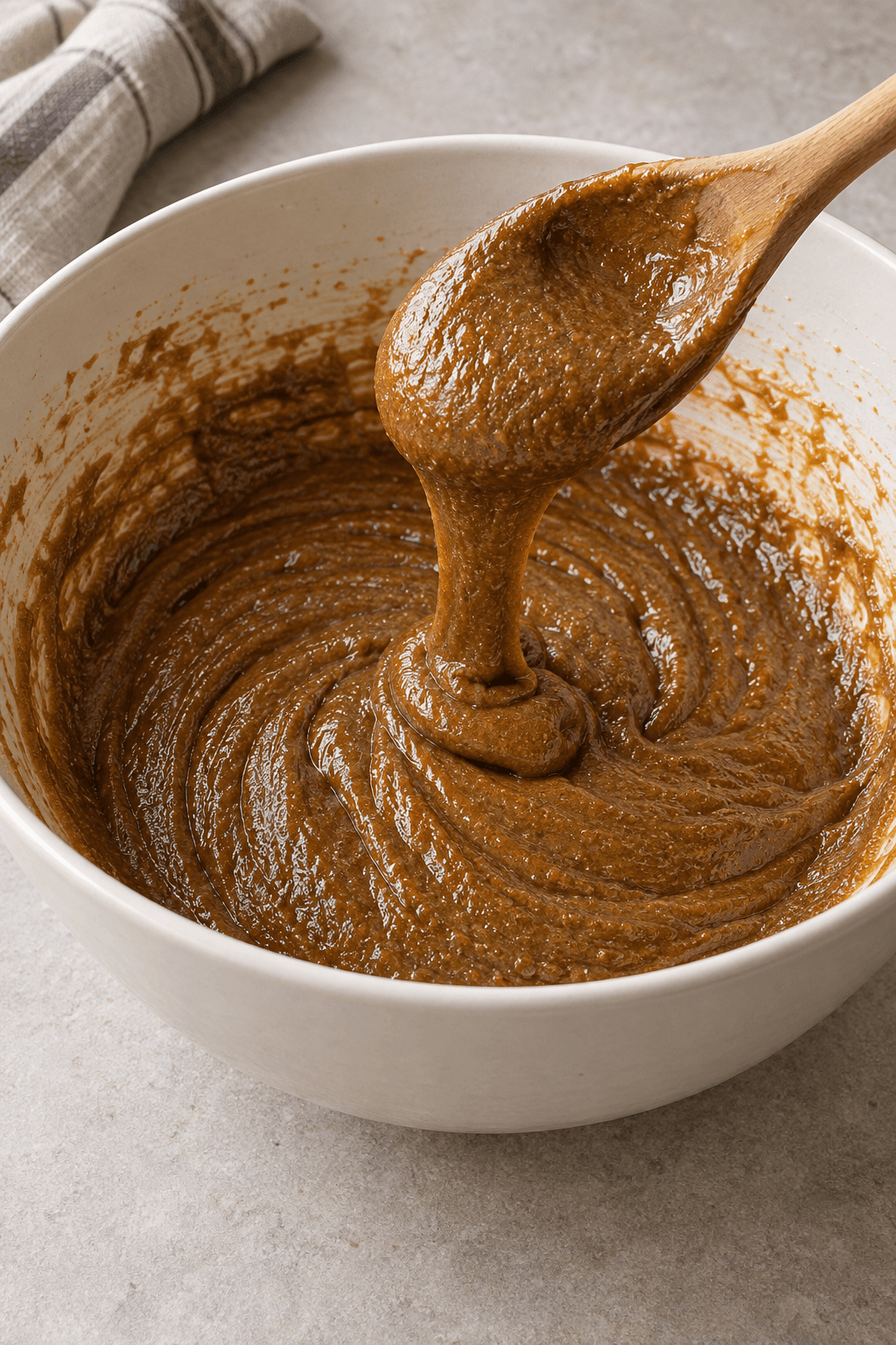 Blank blanding af smør, muscovadosukker, mørk sirup og æg falder i et tykt bånd