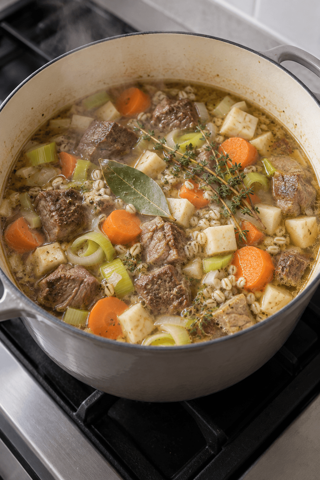 Lam, perlebyg og grøntsager samles med bouillon i gryden