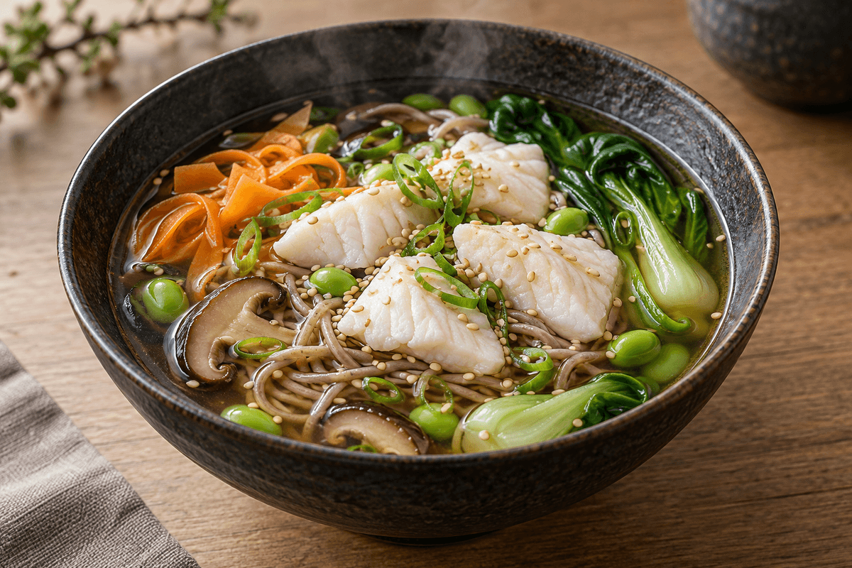 Japansk fiskesuppe med kuller, soba, shiitake, pak choi, gulerod og edamame