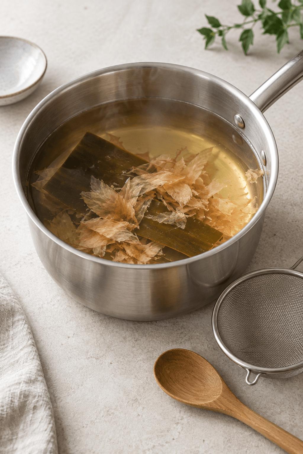 Kombu og bonitoflager trækker i én gryde med klar, gylden dashi