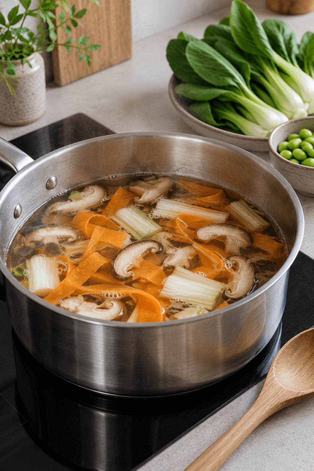 Shiitake, gulerod og lyse pak choi-stilke simrer i én gryde klar dashi