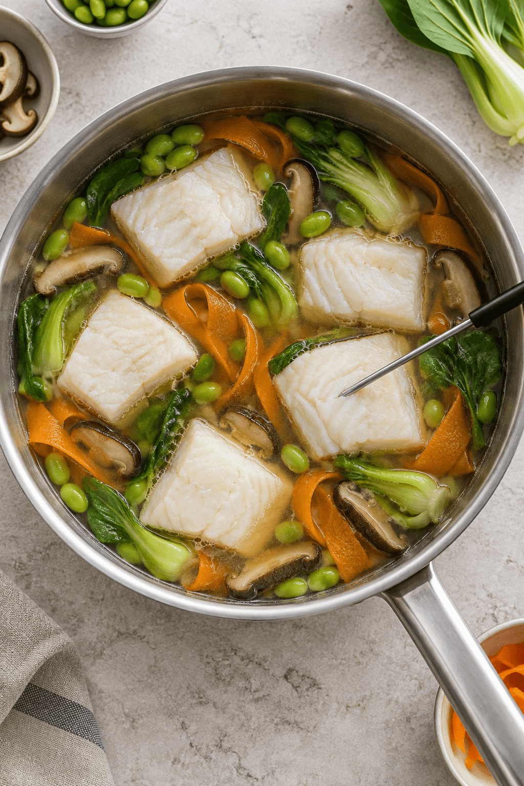 Kuller pocheres forsigtigt med pak choi, shiitake, gulerod og edamame i klar dashi