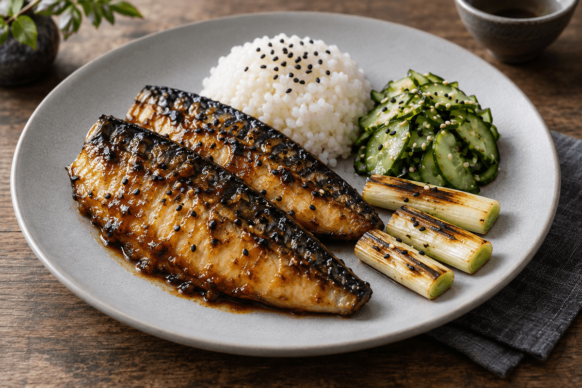 Japansk grillet makrel med misoglace, agurkesalat og ris
