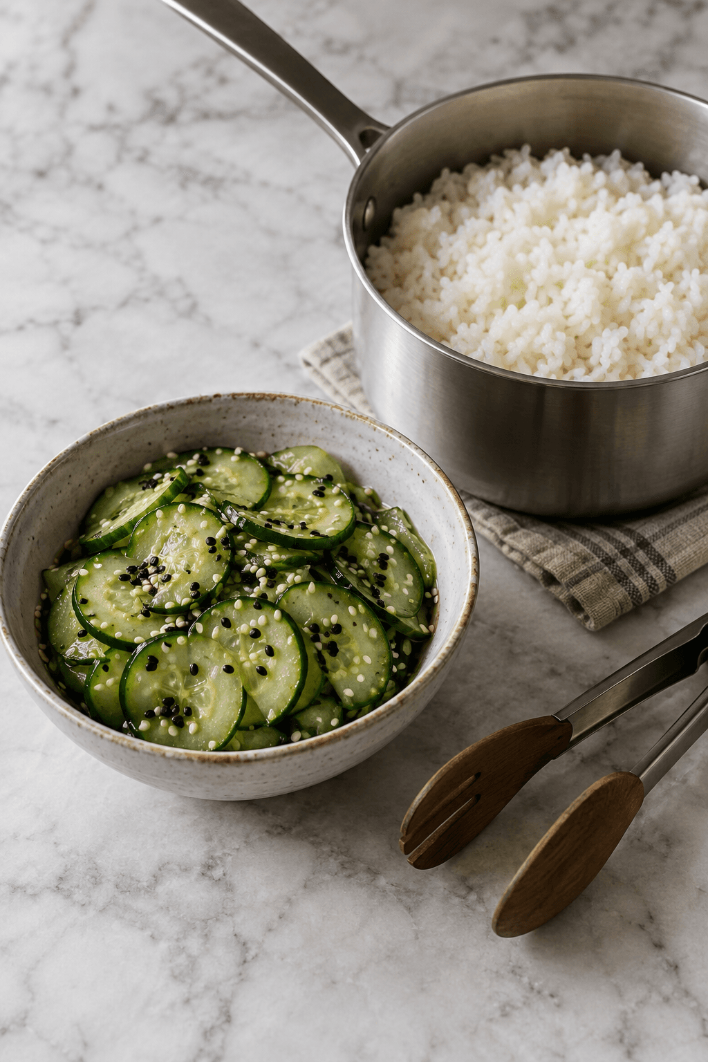 Sesam-agurkesalat i én skål ved siden af én gryde dampede ris