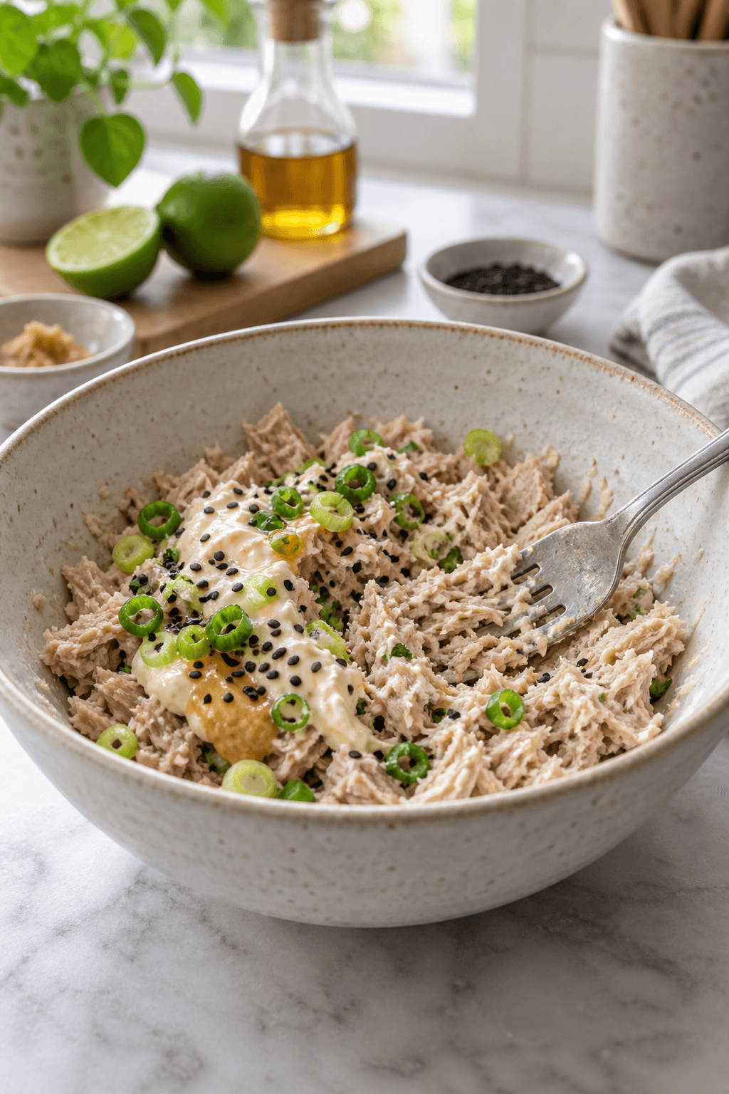 Tun foldes med miso, mayonnaise, sesam, lime og forårsløg i én skål