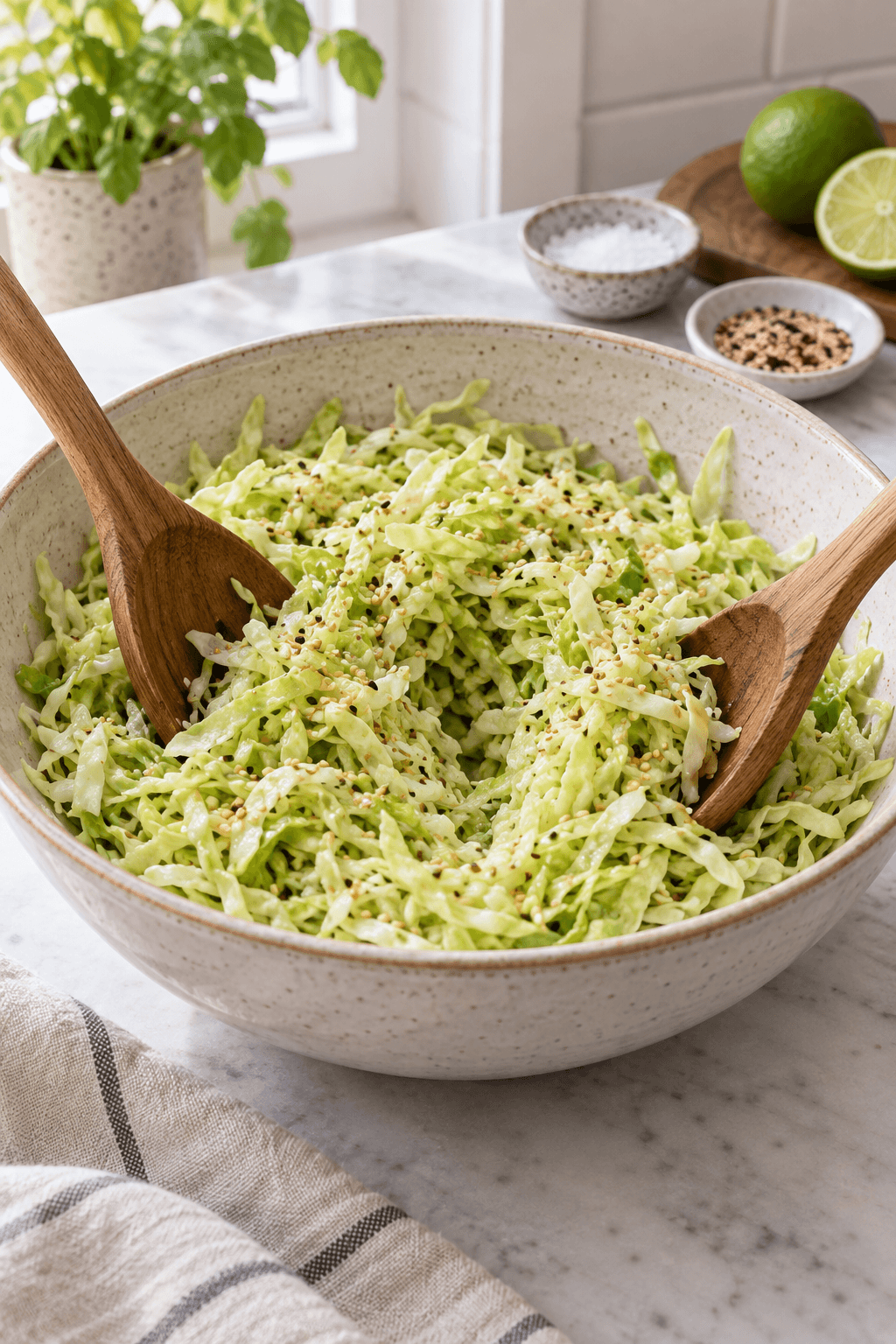 Fint snittet spidskål vendes med lime, riseddike og sesam i én skål
