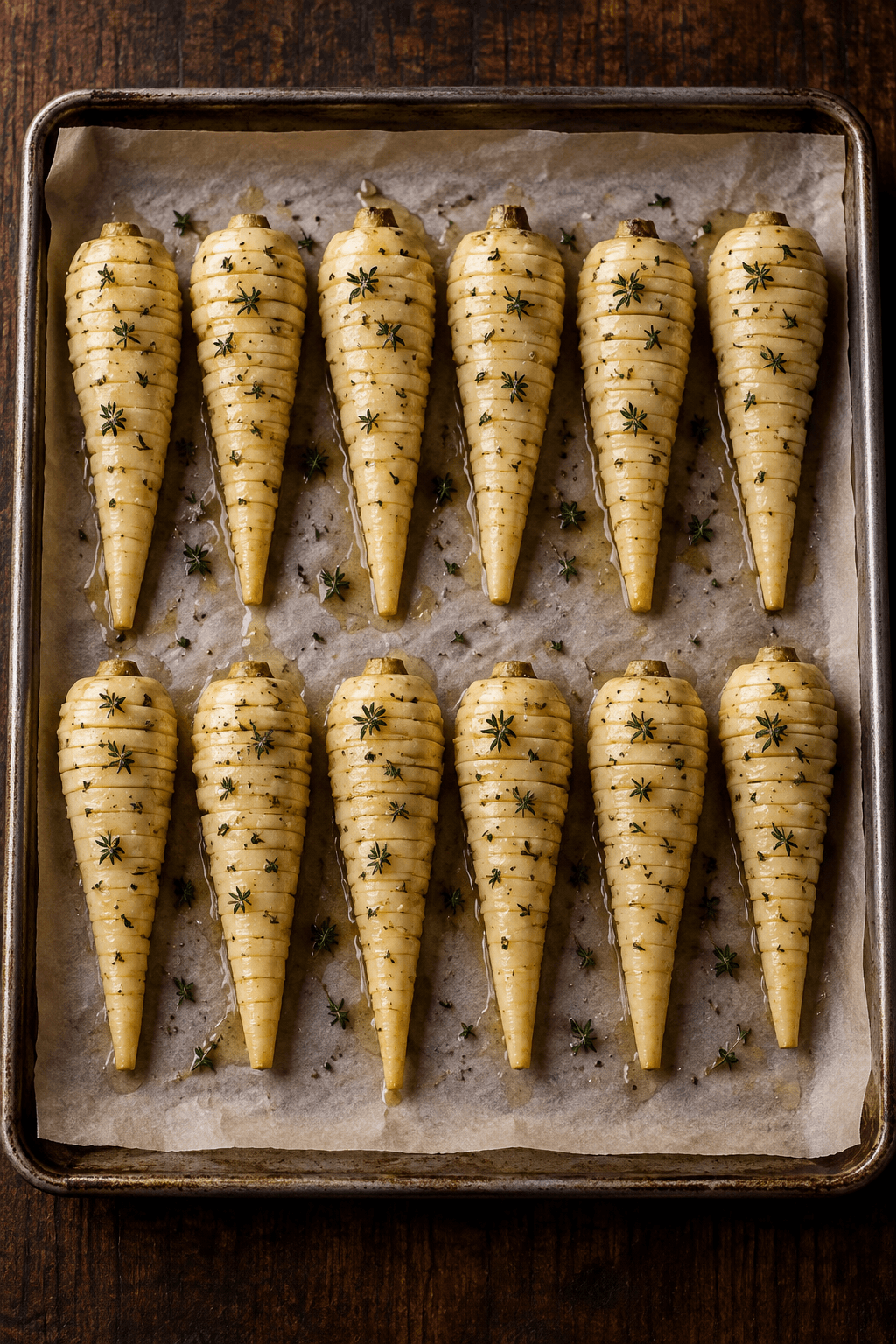 Tolv rå hasselbackpastinakker på én bageplade