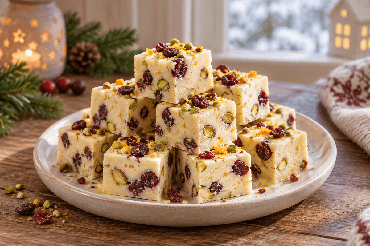 Julefudge med hvid chokolade, tranebær, pistacie og appelsinskal