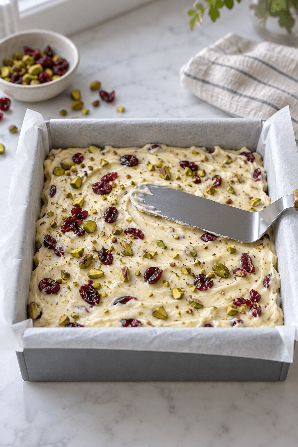 Hvid julefudge med pistacie og tranebær presses jævn i en bagepapirforet form