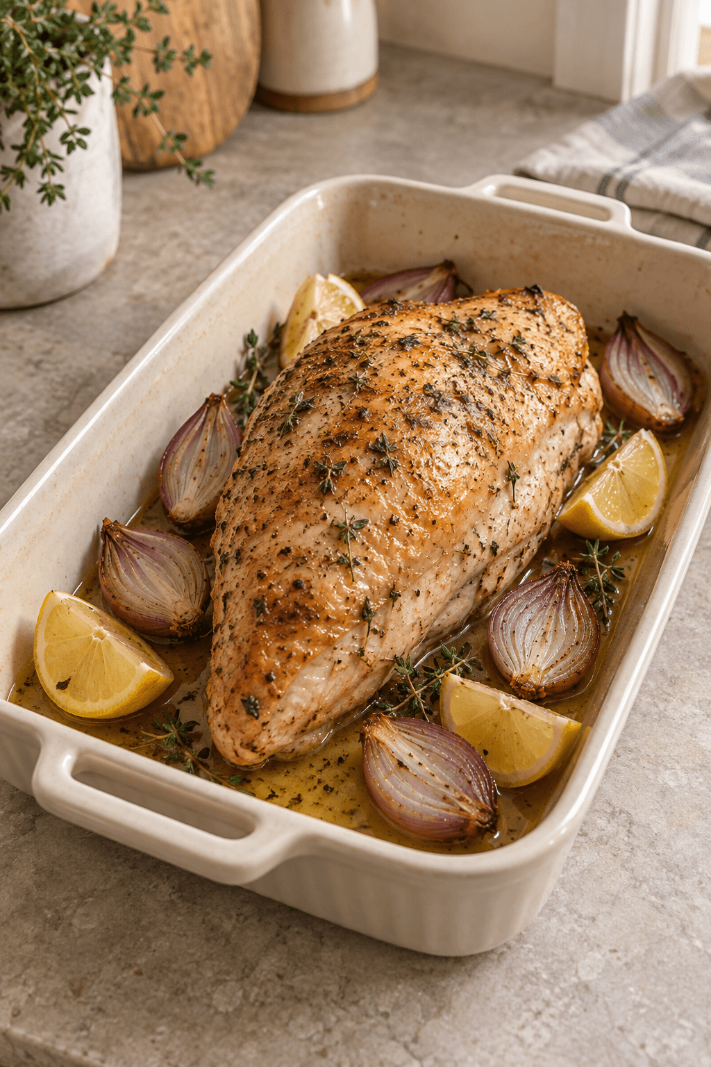 Brunet kalkunbryst ovnsteges med halve skalotteløg, citron og bouillon i ét fad