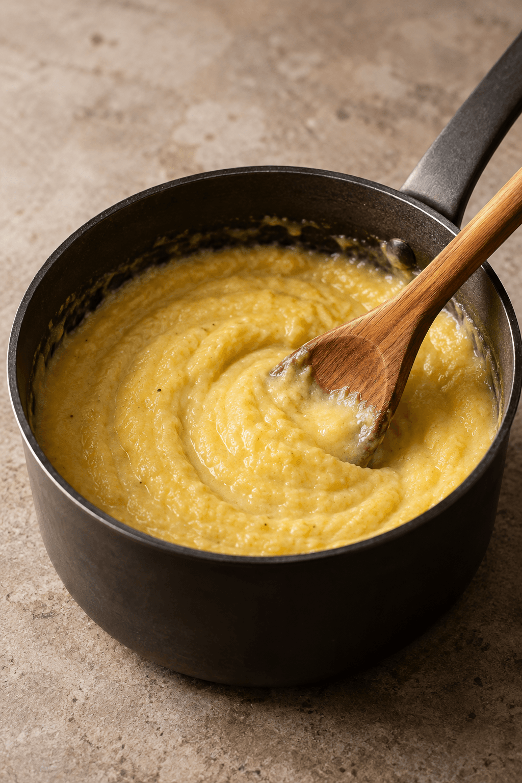 Cremede gule majsgrits røres i én sort gryde