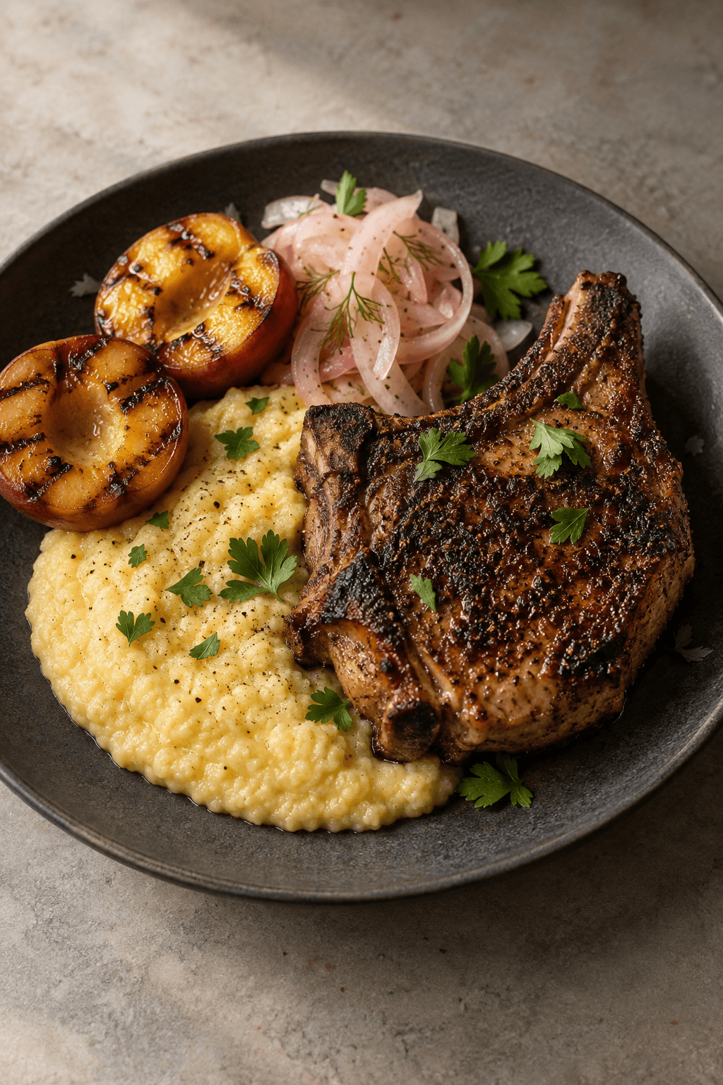Én nakkekotelet med to grillede ferskenhalvdele, majsgrits og syltet fennikel