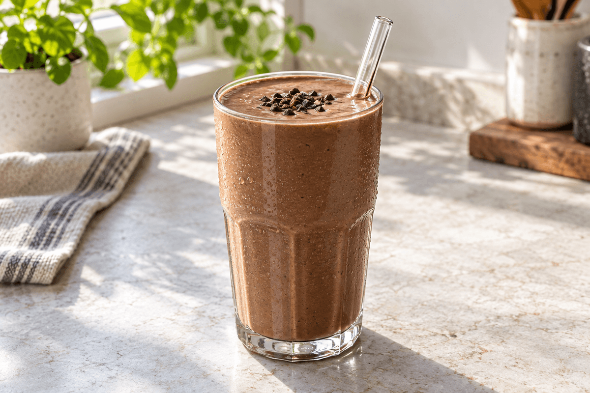 Kold kakaoproteindrik med skyr, banan, havre, peanutbutter og kaffe