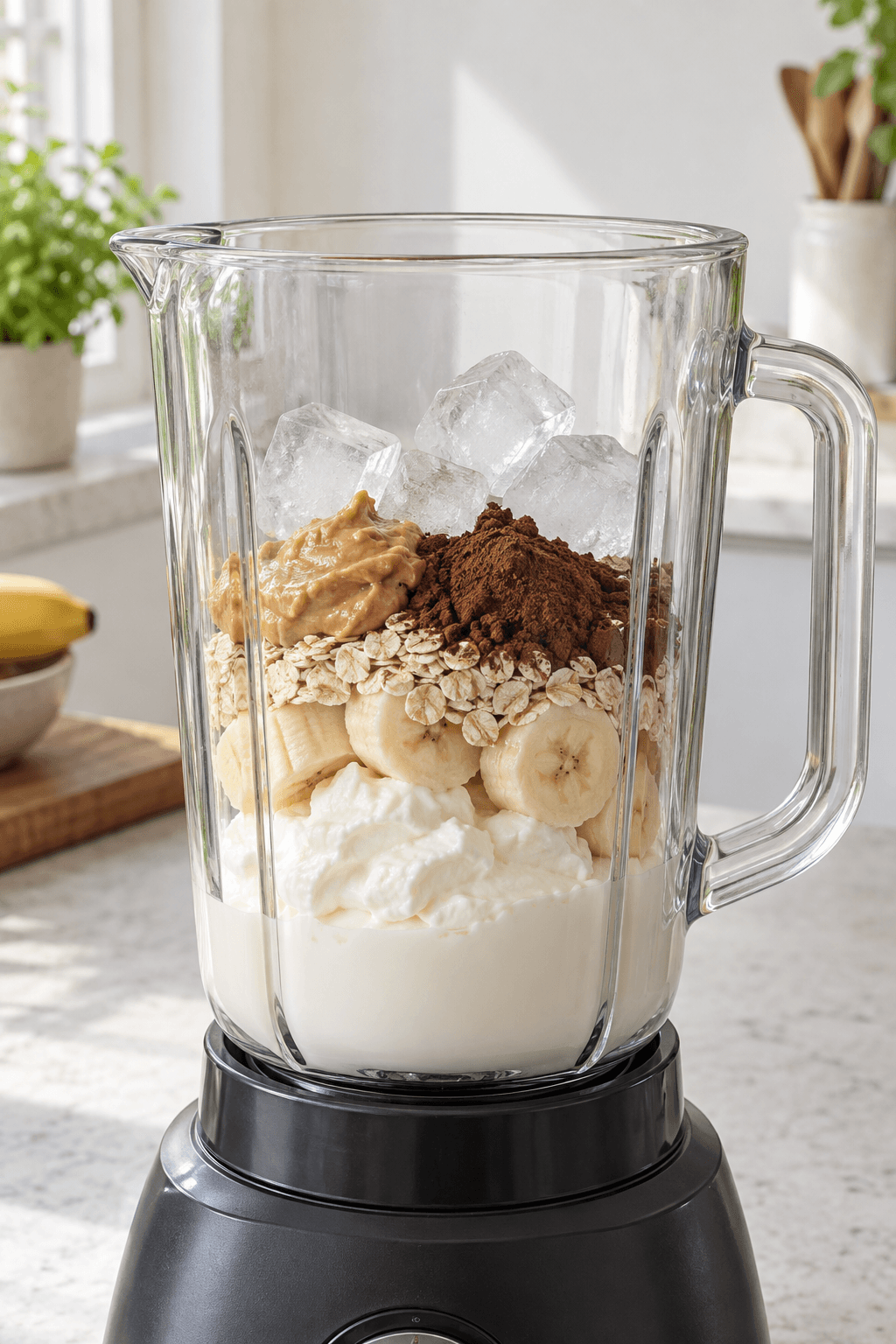 Mælk, skyr, banan, havre, kakao, peanutbutter og is lagvis i én blender