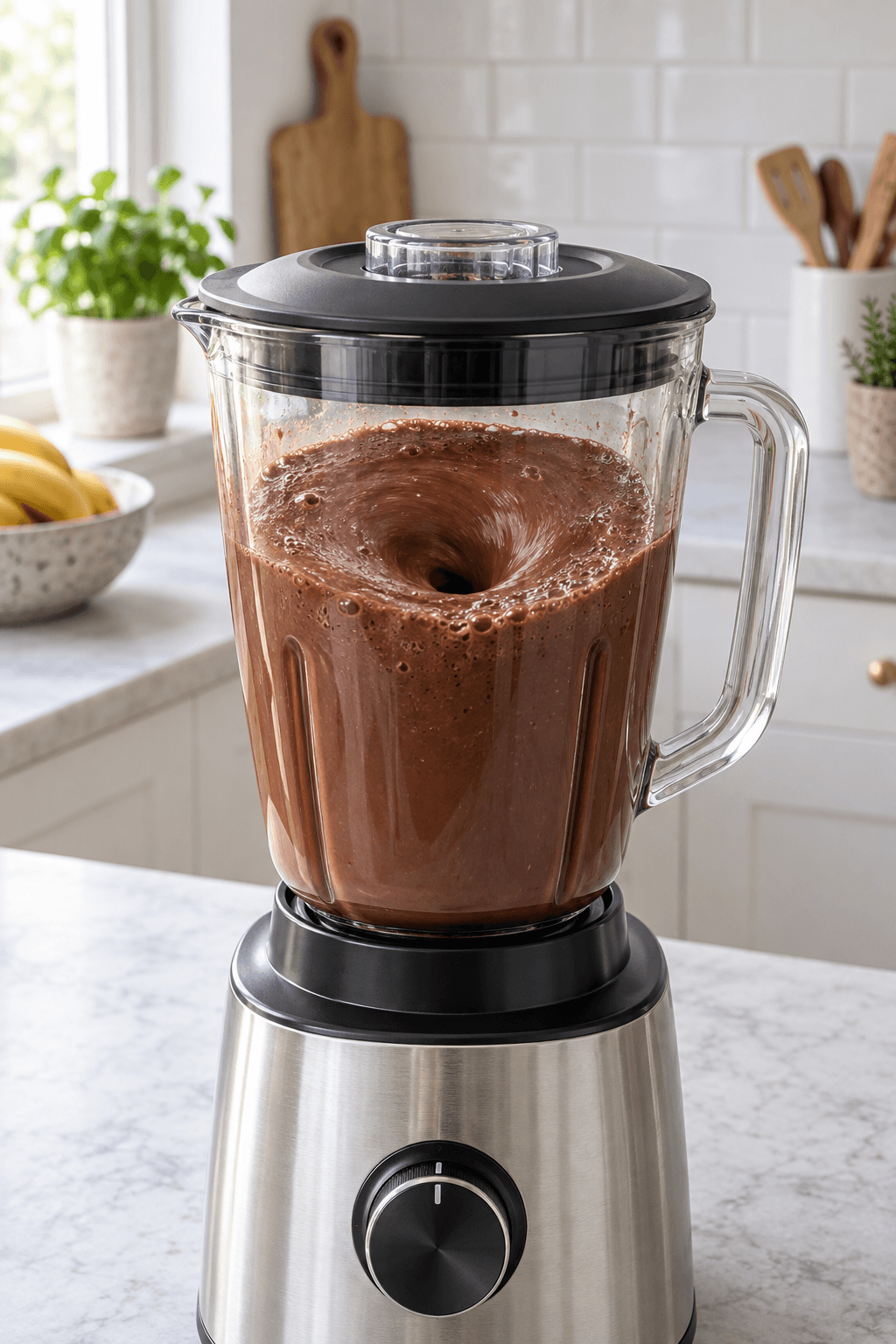 Kakaoproteindrik blendes med tydelig hvirvel i én lukket blender