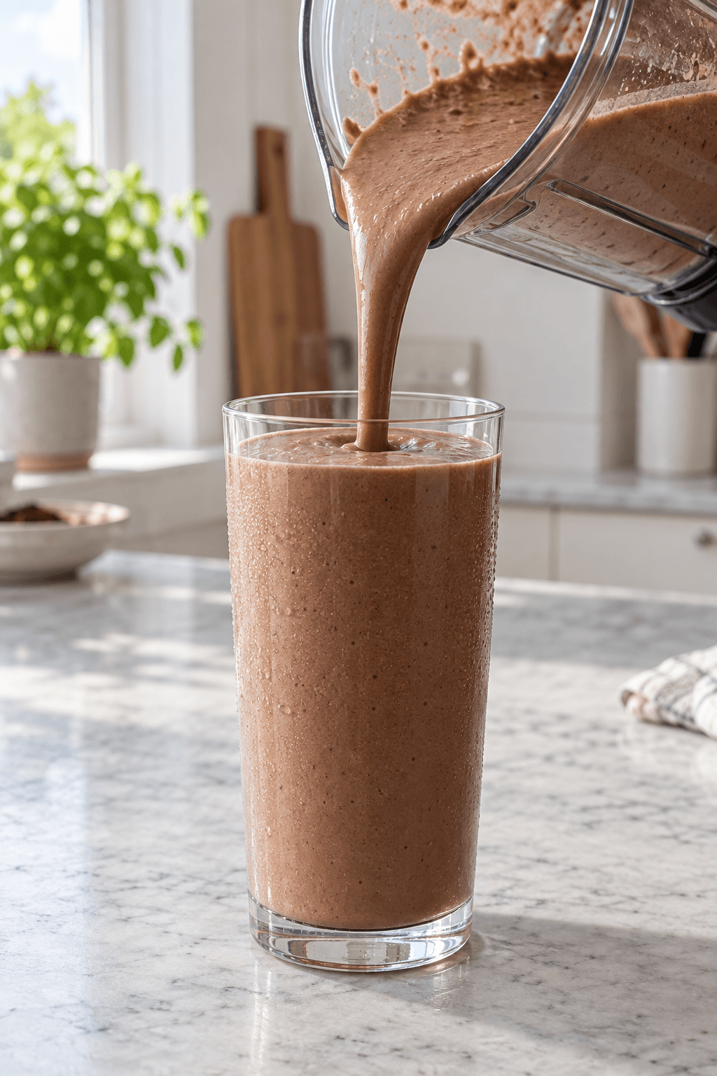 Tyk kakaoproteindrik hældes fra én blender i ét klart glas
