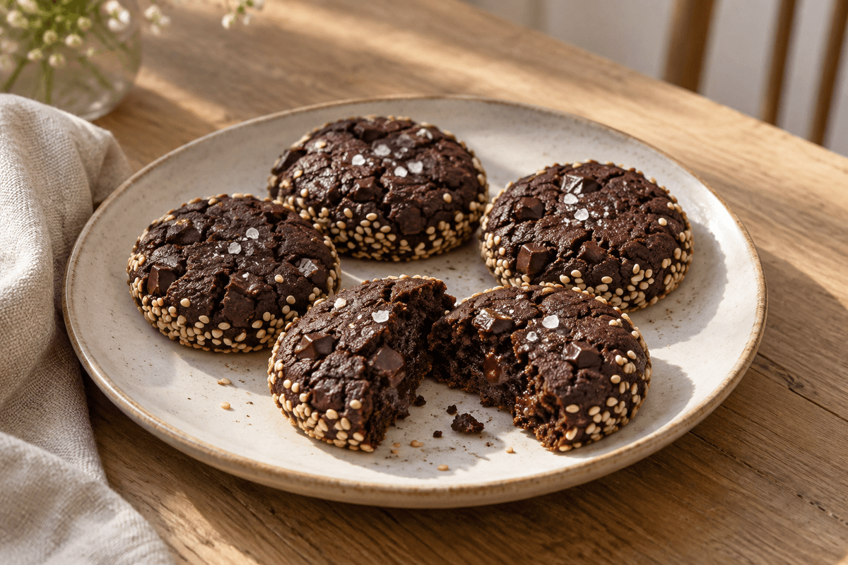 Fem kakaosmåkager med mørk chokolade, tahin og sesamkant