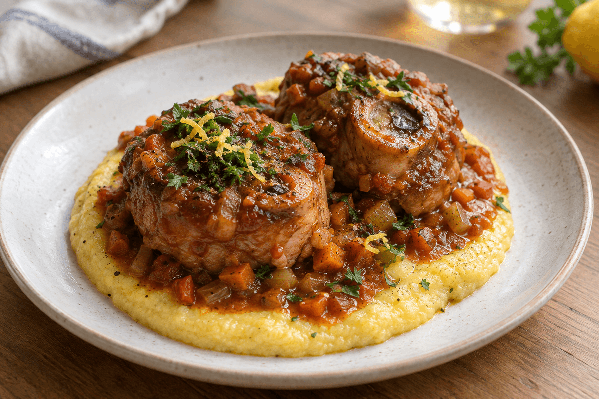 Kalkun-osso-buco i tomatsauce på polenta med citron-persillegremolata