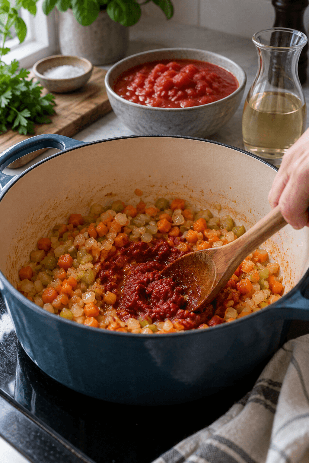 Små tern af gulerod, bladselleri og løg steges med mørkerød tomatpuré