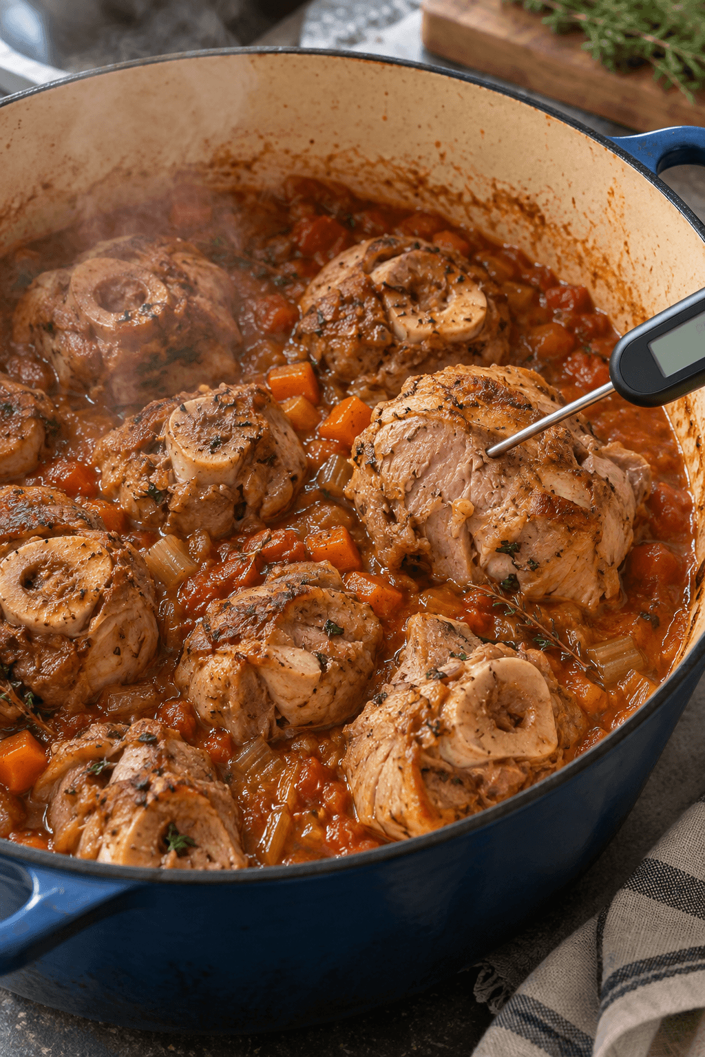 Braiserede kalkunstykker i tomatsauce måles i det tykkeste kød uden kontakt med ben