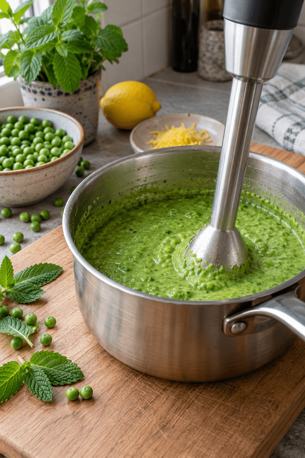 Grøn ærtesauce med mynte og citron blendes i én gryde