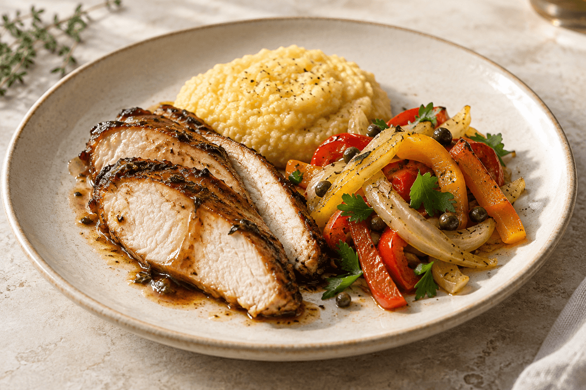 Balsamicoglaseret kalkunbryst med polenta og sauteret peberfrugt